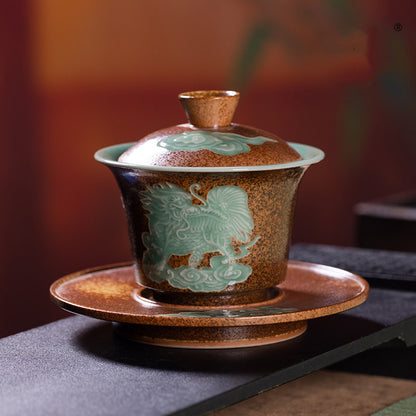 Longquan Celadon Wood-Ash Glaze Pixiu Relief Gaiwan 160ml