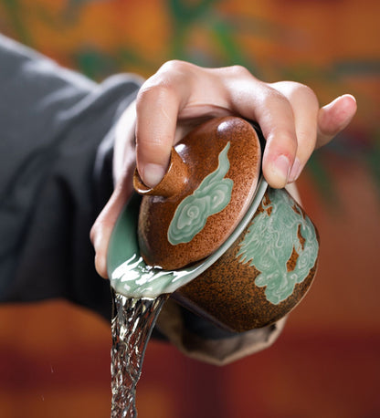 Longquan Celadon Wood-Ash Glaze Pixiu Relief Gaiwan 160ml