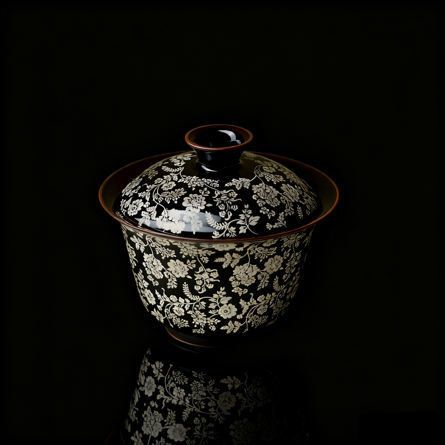 Black-Glazed Gaiwan with Silver-Painted Hundred Flowers
