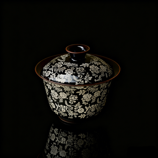 Black-Glazed Gaiwan with Silver-Painted Hundred Flowers