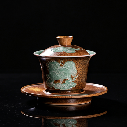 Longquan Celadon Wood-Ash Glaze Pixiu Relief Gaiwan 160ml