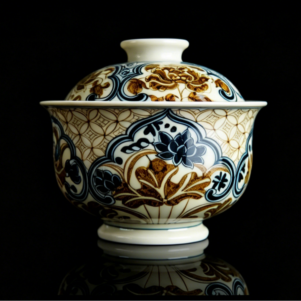 Hand-Painted Underglaze Gold "Copper Coin" Lotus Gaiwan Set 100ml