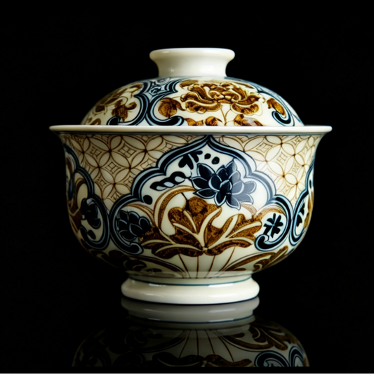 Hand-Painted Underglaze Gold "Copper Coin" Lotus Gaiwan Set 100ml
