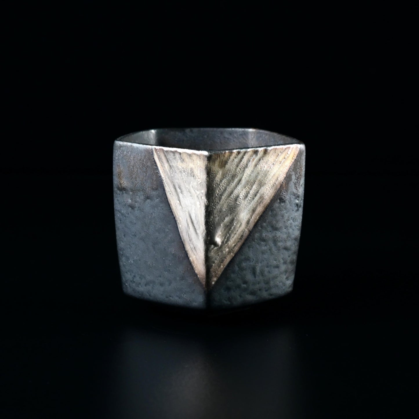 Wabi-sabi Style Rustic Pottery Pentagonal Tea Cup with Triangle  Silver-Outlined  Patterns