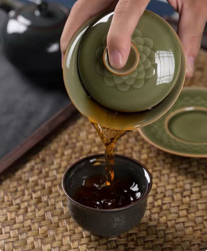 Gaiwan (bol à thé) en céladon Longquan à glaçure vintage motif écaille de poisson