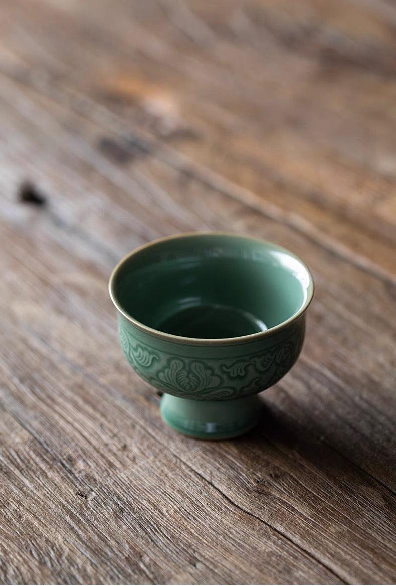 Longquan Celadon High-Stem Cup with Relief Decoration of Intertwined Lotus Design