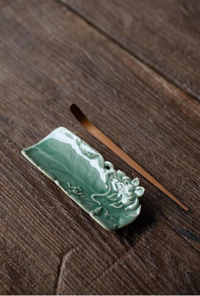 Longquan Celadon Tea Holder with Hand Carved Lotus Pattern