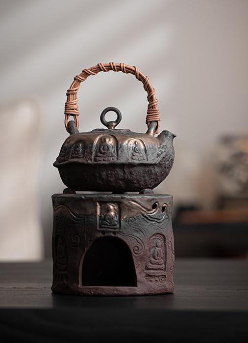 Wabi-sabi Style Rustic Clay Retro Handle Tea Pot and Alcohol Stove