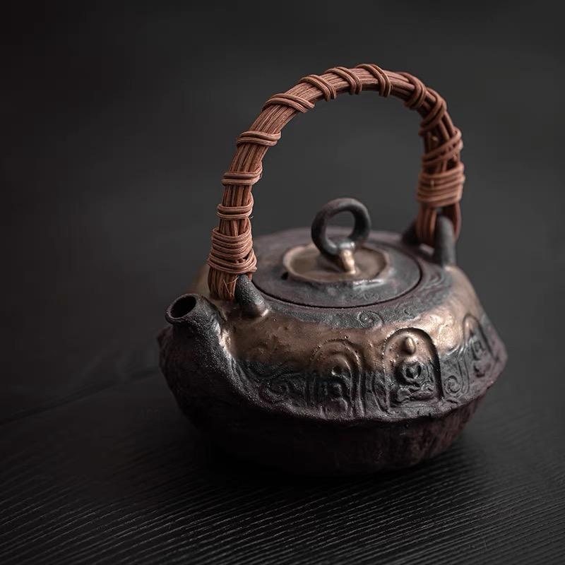 Wabi-sabi Style Rustic Clay Retro Handle Tea Pot and Alcohol Stove