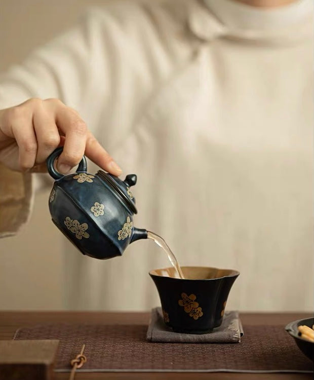 Kohiki Dark Blue Glaze Plum Blossom Painting Teapot Japanese Style Tea Pot