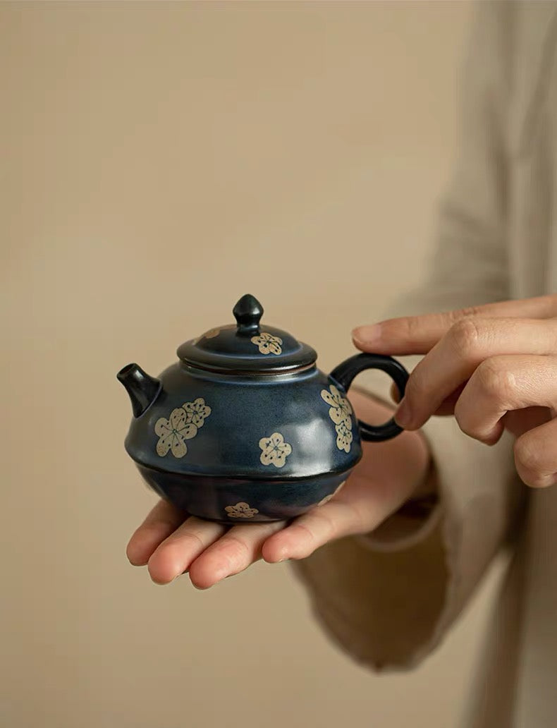 Kohiki Dark Blue Glaze Plum Blossom Painting Teapot Japanese Style Tea Pot