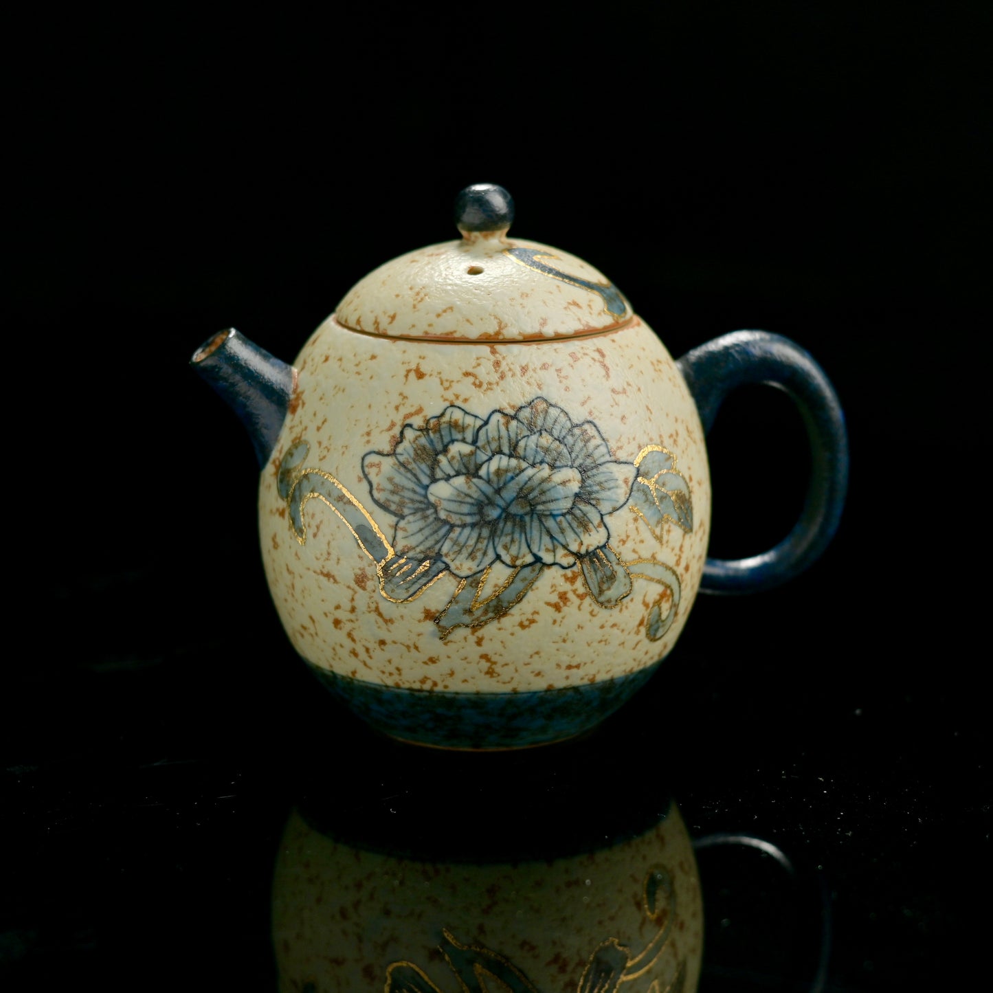 Old Clay Blue-and-White Volcanic Stone Style Caramel Glaze Teapot with Hand-Painted Peony Design