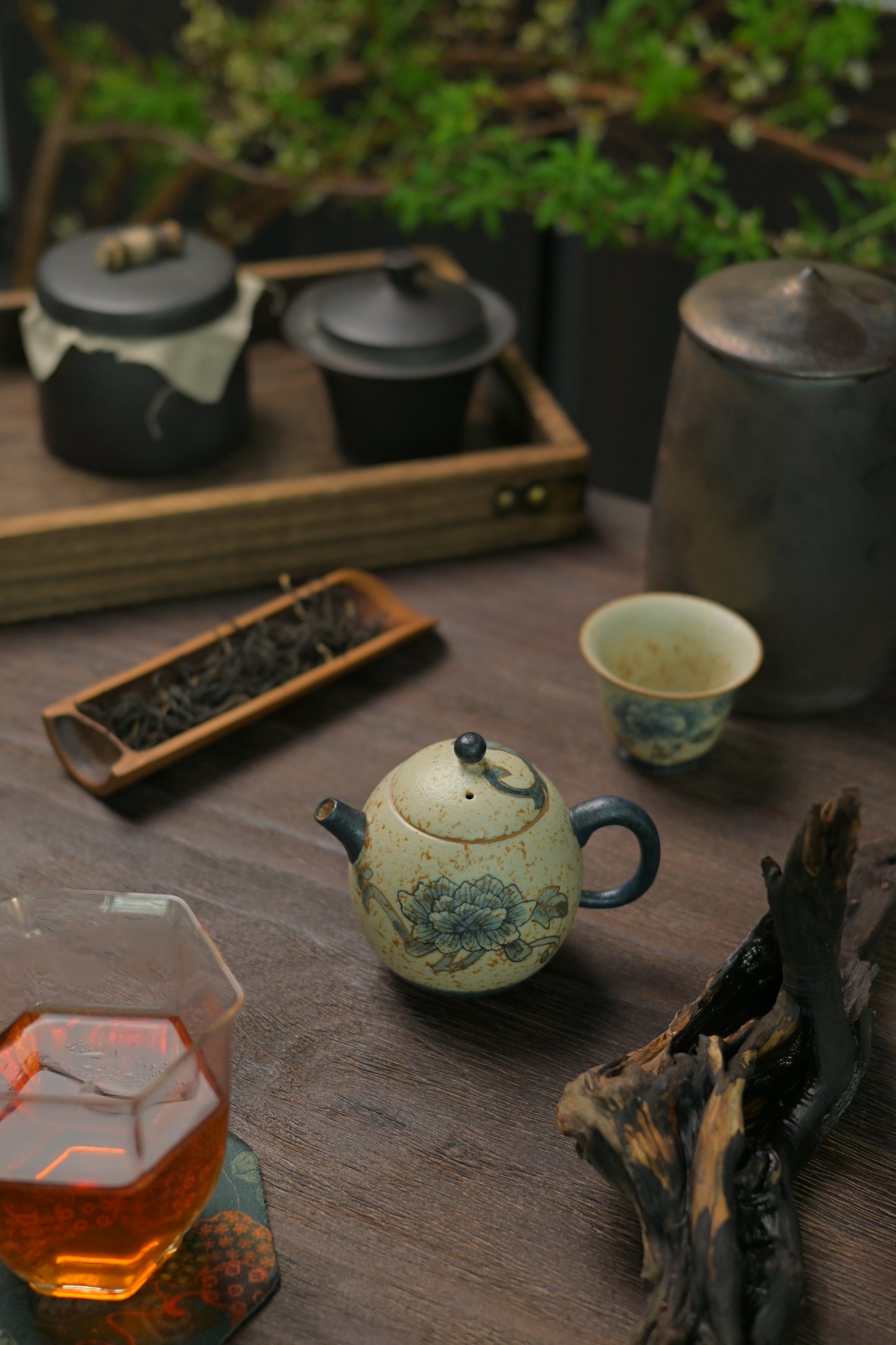 Old Clay Blue-and-White Volcanic Stone Style Caramel Glaze Teapot with Hand-Painted Peony Design