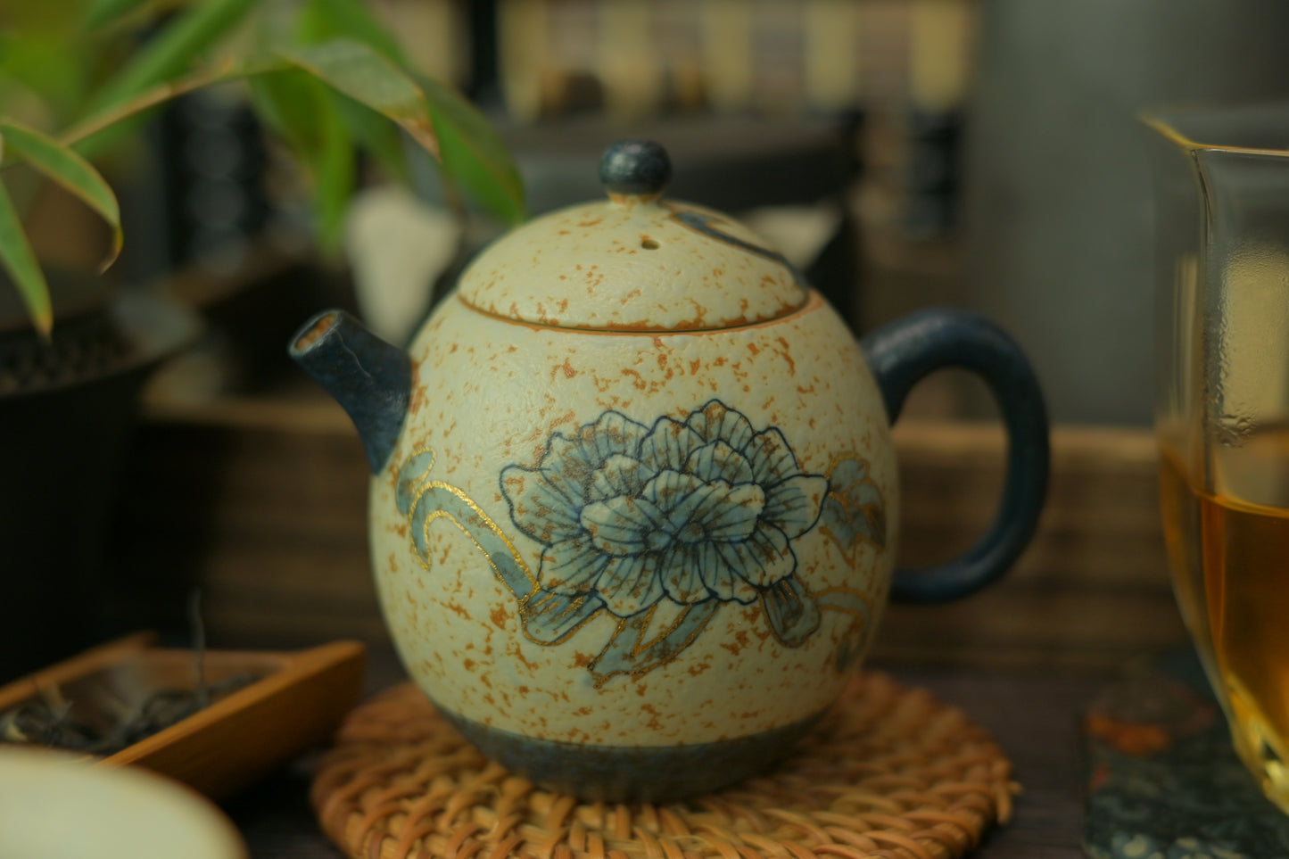 Old Clay Blue-and-White Volcanic Stone Style Caramel Glaze Teapot with Hand-Painted Peony Design