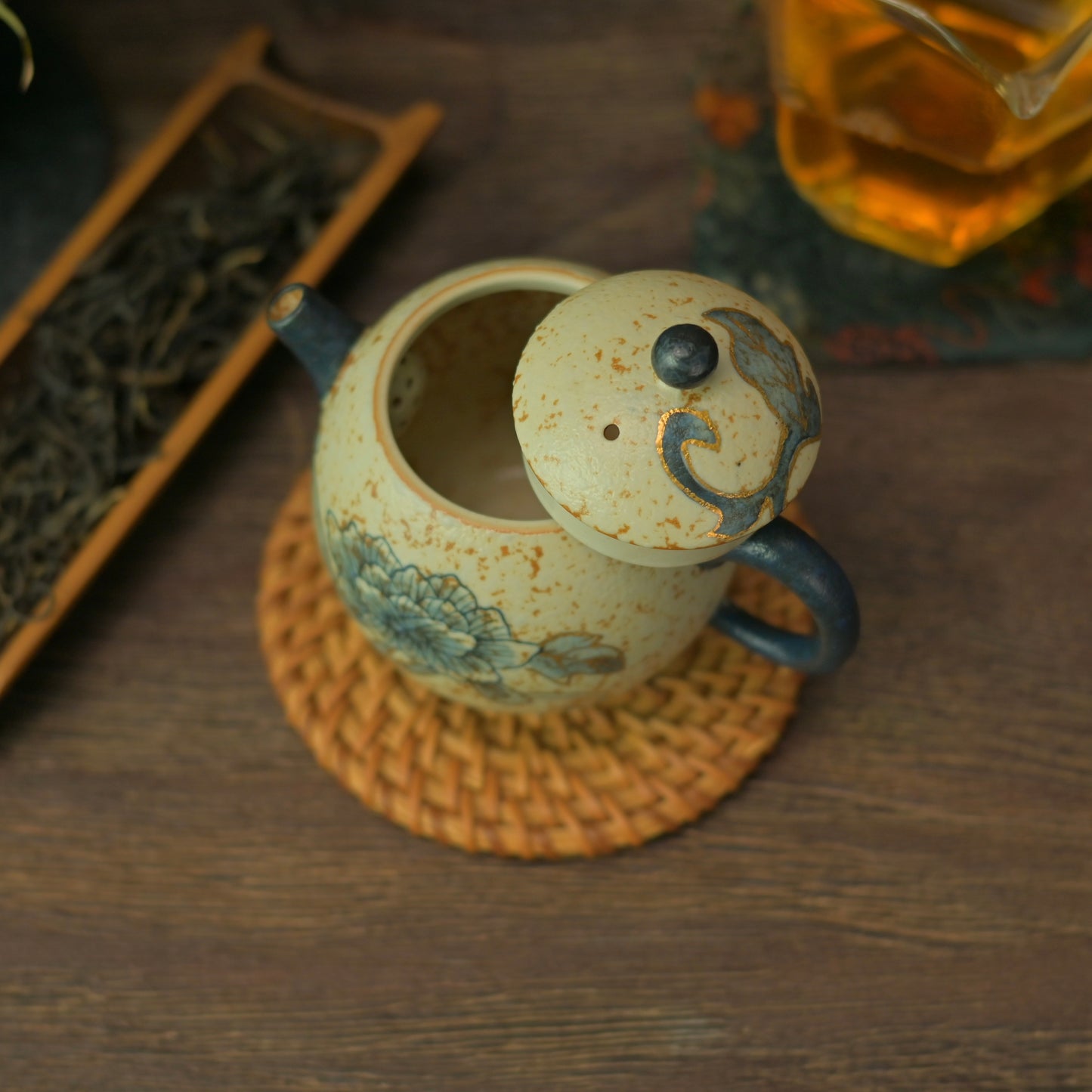 Old Clay Blue-and-White Volcanic Stone Style Caramel Glaze Teapot with Hand-Painted Peony Design