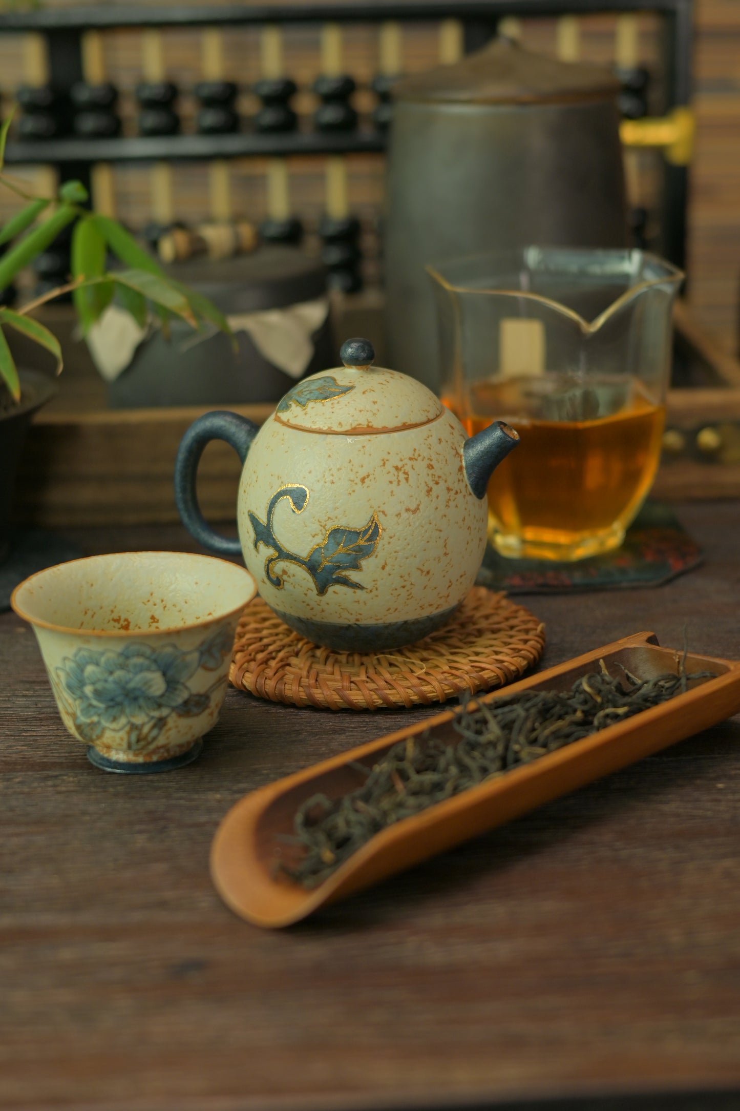 Old Clay Blue-and-White Volcanic Stone Style Caramel Glaze Teapot with Hand-Painted Peony Design