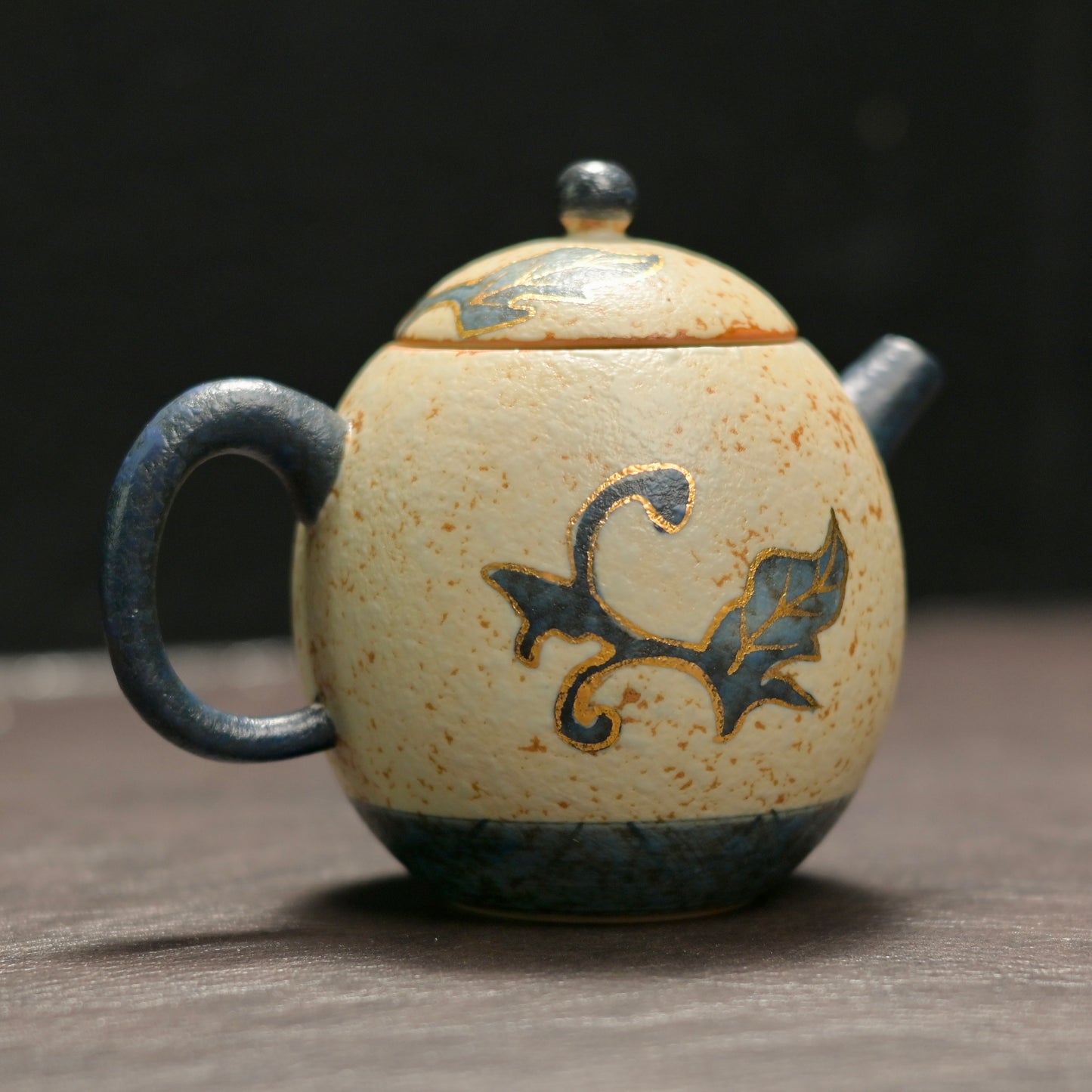 Old Clay Blue-and-White Volcanic Stone Style Caramel Glaze Teapot with Hand-Painted Peony Design