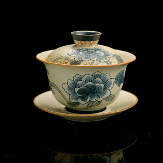 Old Clay Blue-and-White Volcanic Stone Style Caramel Glaze Gaiwan with Hand-Painted Peony Design