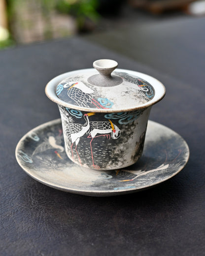 Jingdezhen handgeschnitztes und handbemaltes Gaiwan-Set mit Kranichen