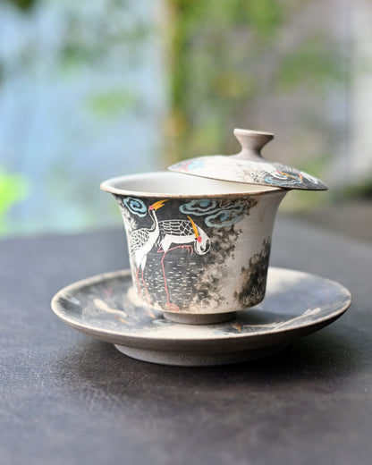 Jingdezhen handgeschnitztes und handbemaltes Gaiwan-Set mit Kranichen