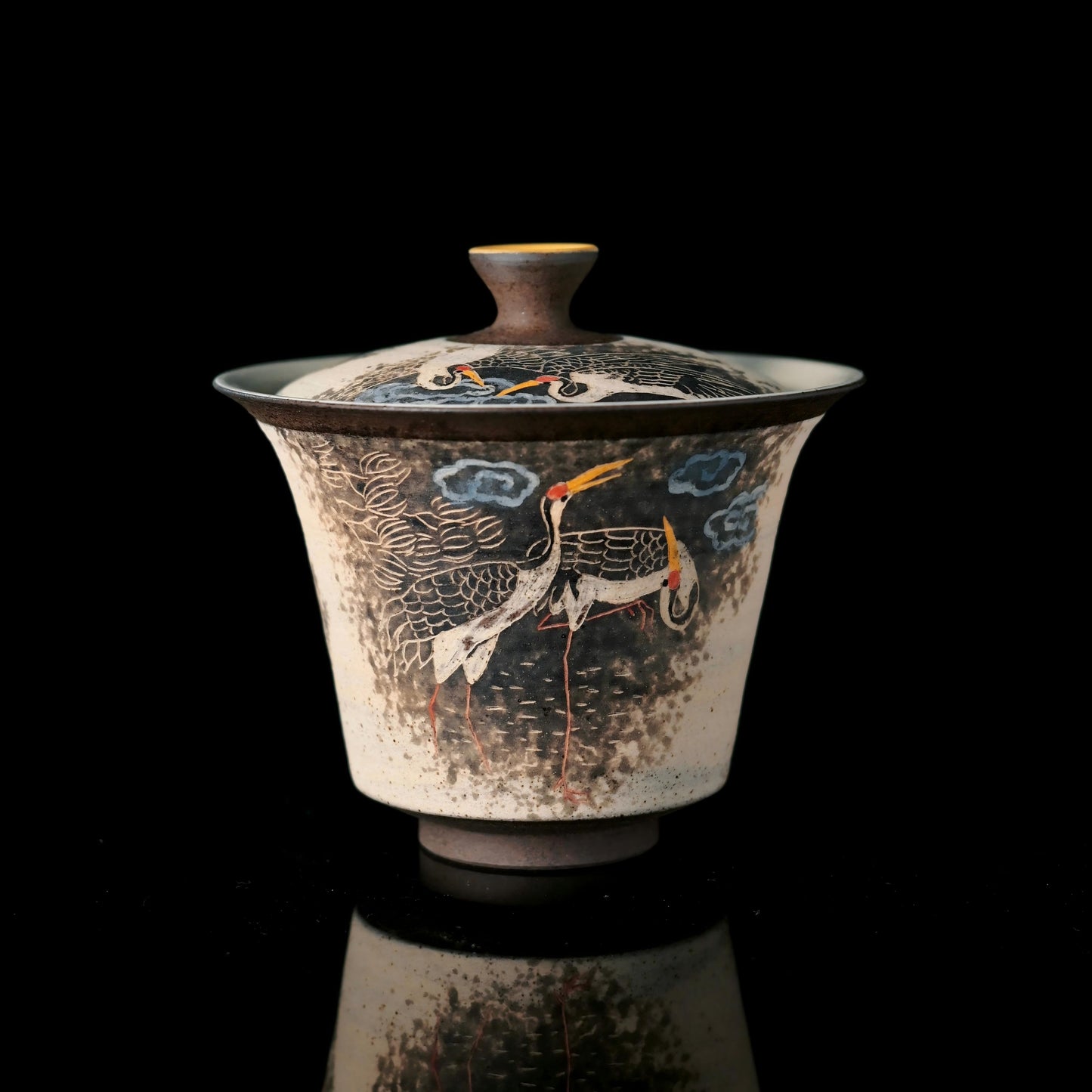 Jingdezhen Hand-Carved and Hand-Painted Cranes Gaiwan Set