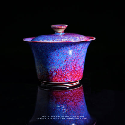 Gaiwan « Paon » glaçure four de Jun, conception à large bord, 120 ml