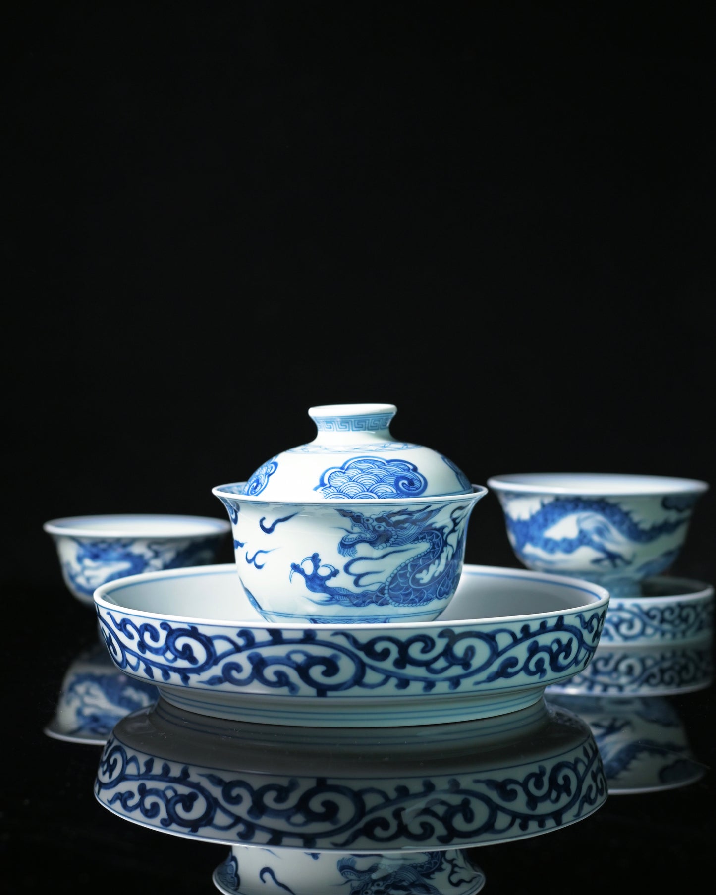 Jingdezhen Underglaze Blue and White Dragon Gaiwan Set 150ml