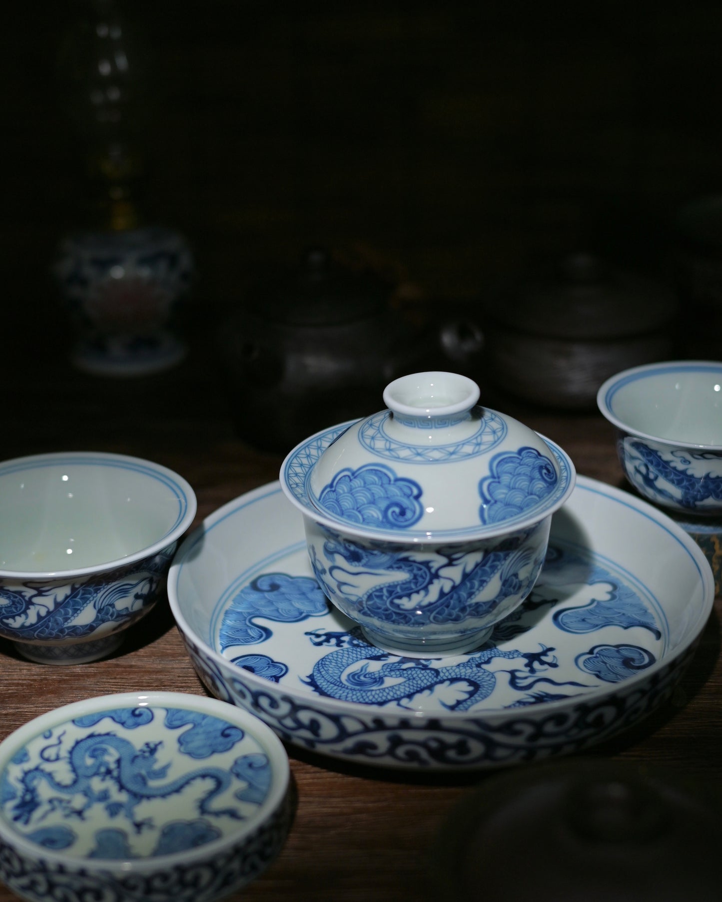 Jingdezhen Underglaze Blue and White Dragon Gaiwan Set 150ml
