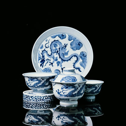 Jingdezhen Unterglasur Blau und Weiß Drachen Gaiwan Set 150ml