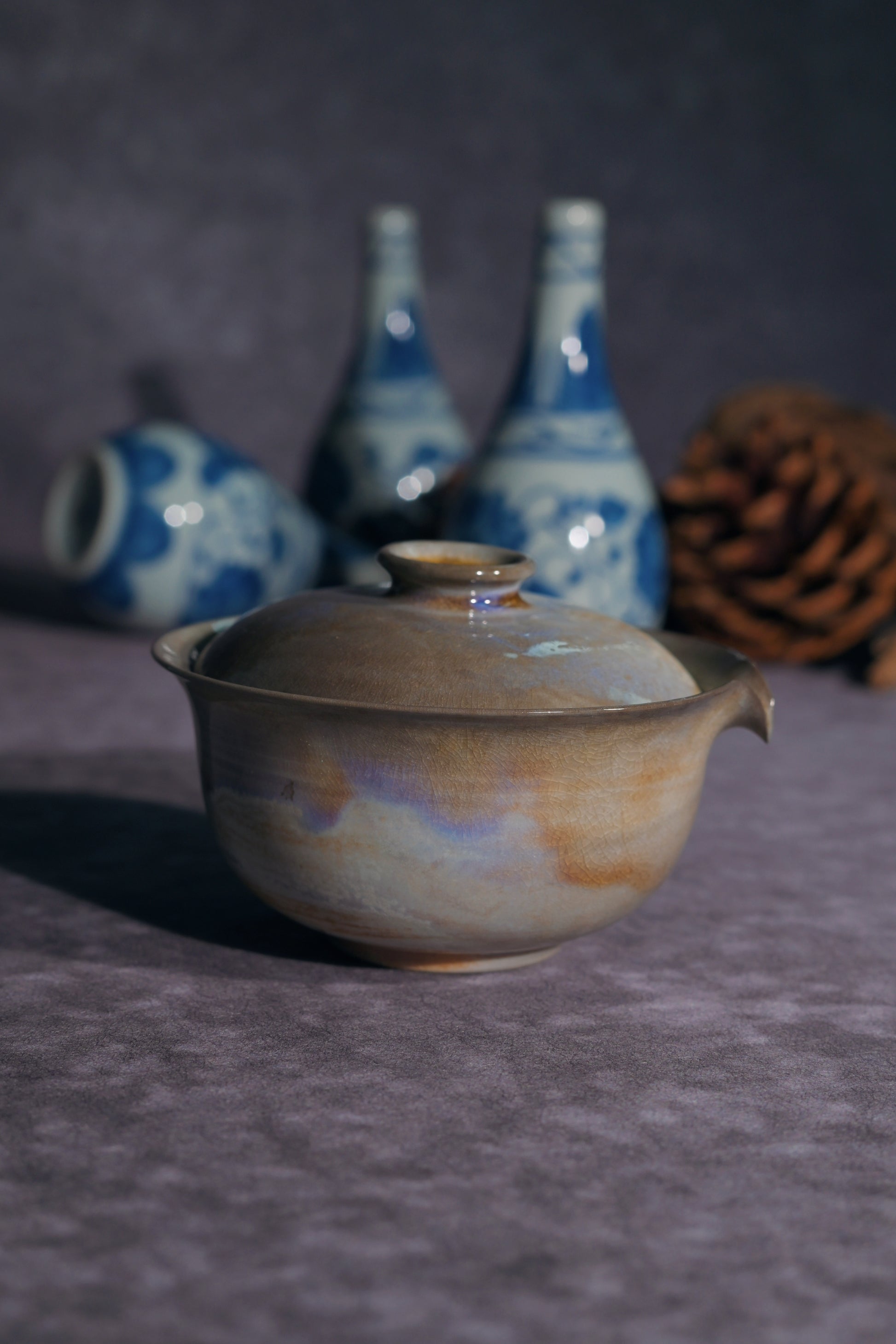 Artisan wood-fired tea set: Aurora Gaiwan paired with a matching lobed tea bowl.