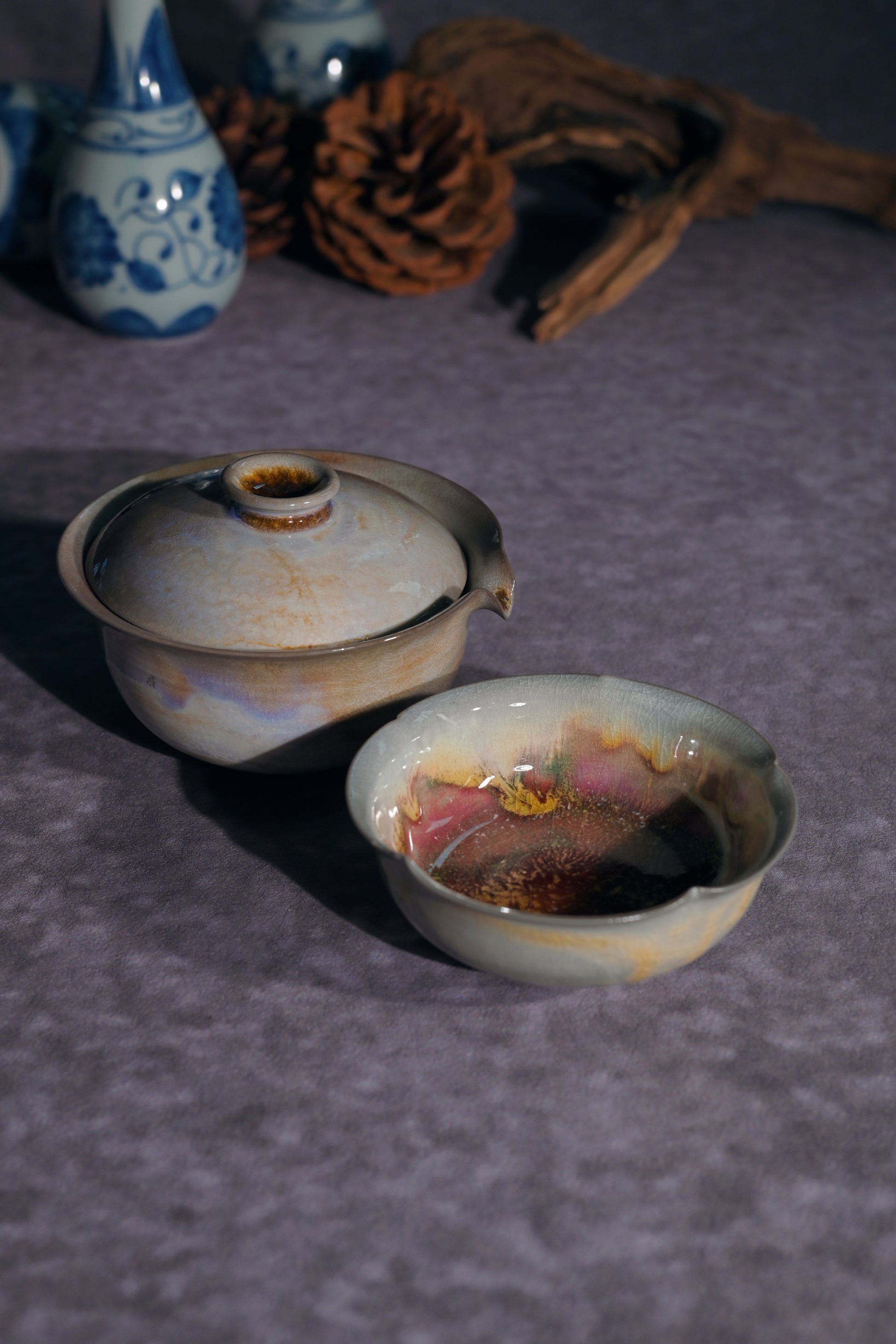 A meditative professional-grade tea set showcasing the natural, unrepeatable artistry of traditional wood-firing.