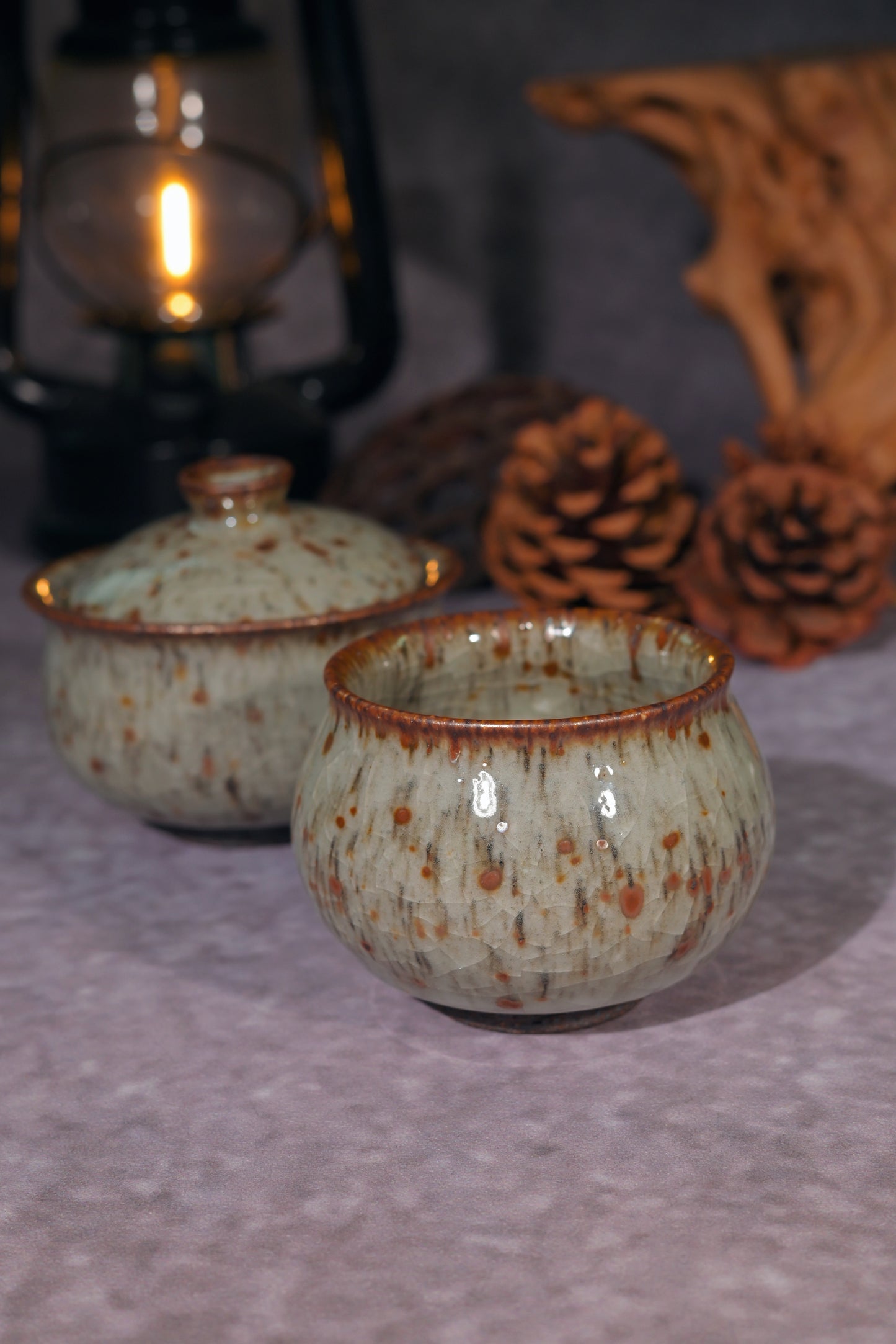 High-fired mineral-rich stoneware Gaiwan set for aged Puerh and roasted Oolong teas.
