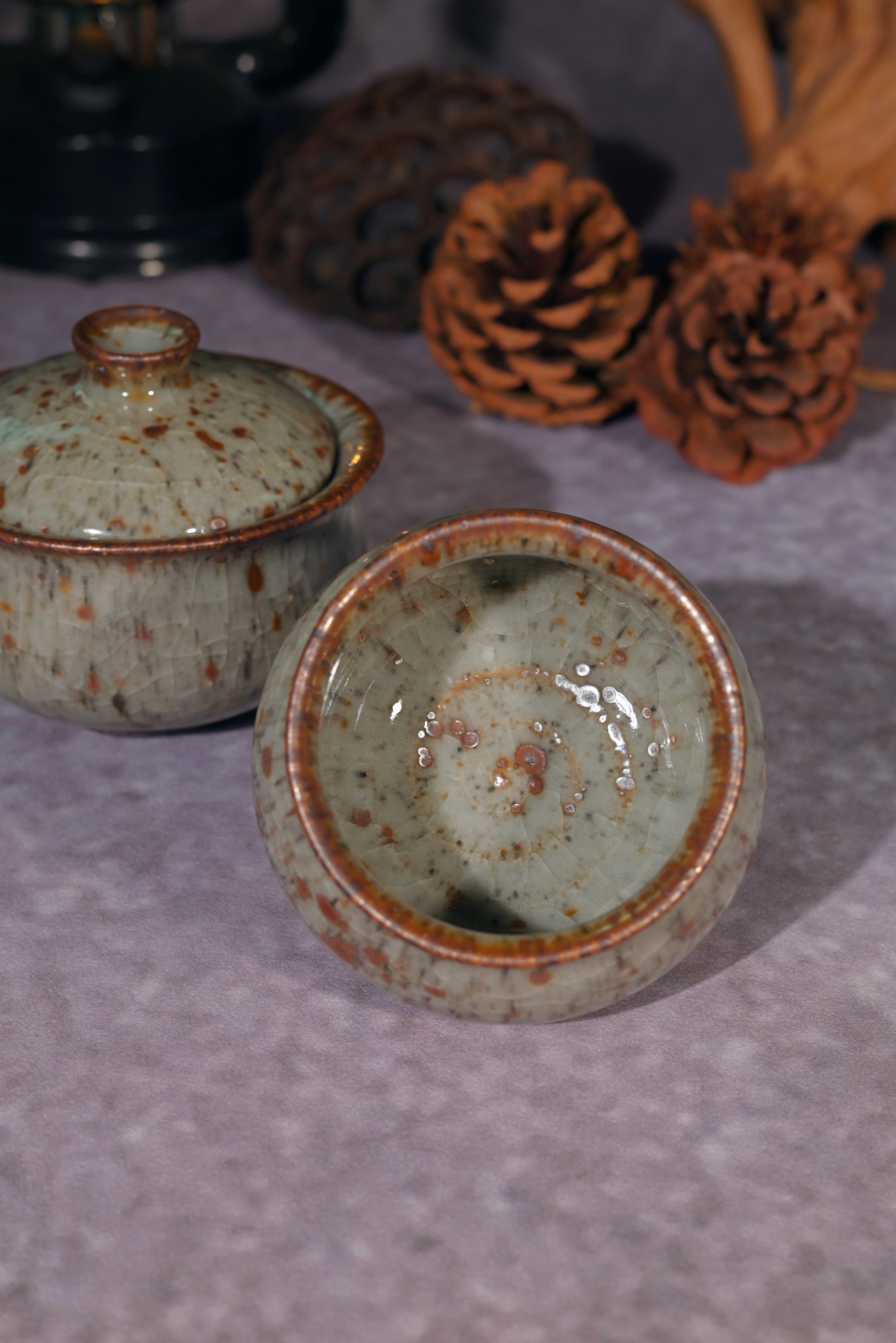 Singular edition "Leopard Rain" Shino set on a reflective black background for tea lovers.