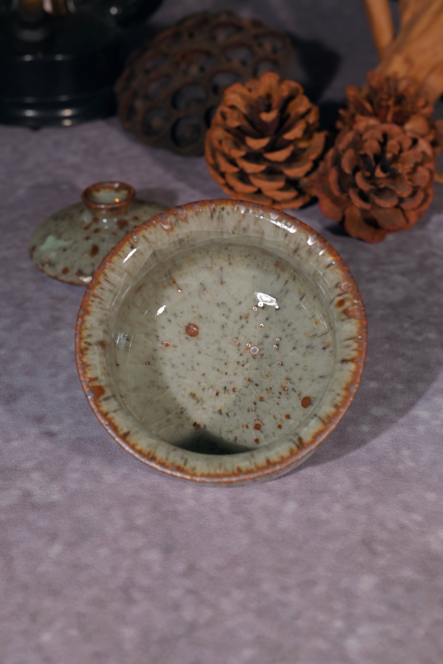 Modern Wabi-sabi ceramic art: Wood-fired Shino Gaiwan set with organic fire-kissed details.