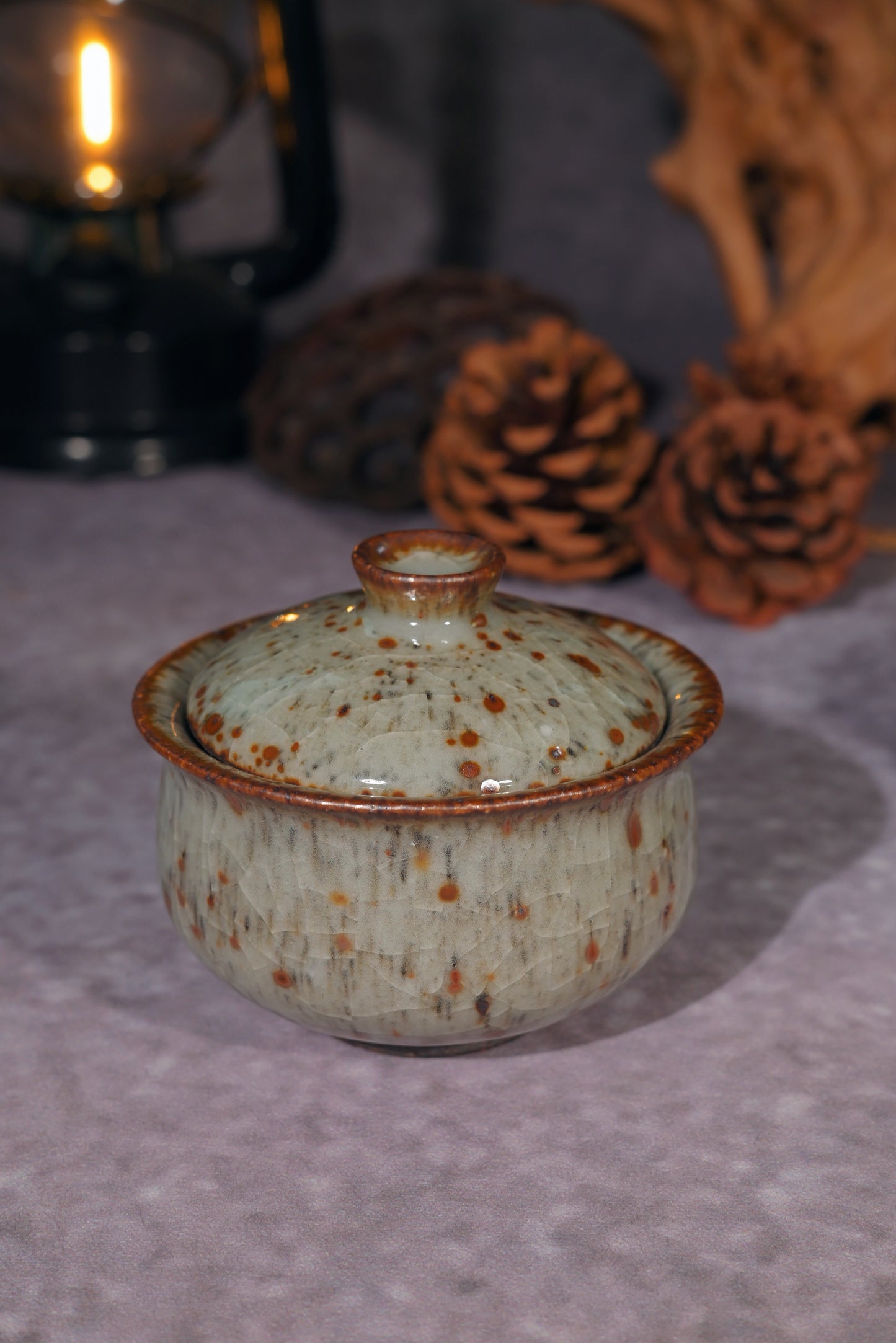 Close-up of the thick, milky-white Shino glaze with vibrant rust-colored mineral bursts.