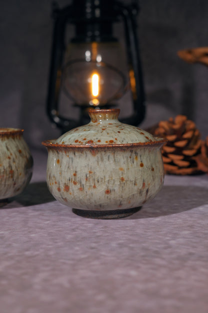 Unique drum-shaped Shino Gaiwan for professional Gongfu tea ceremony and collectors.