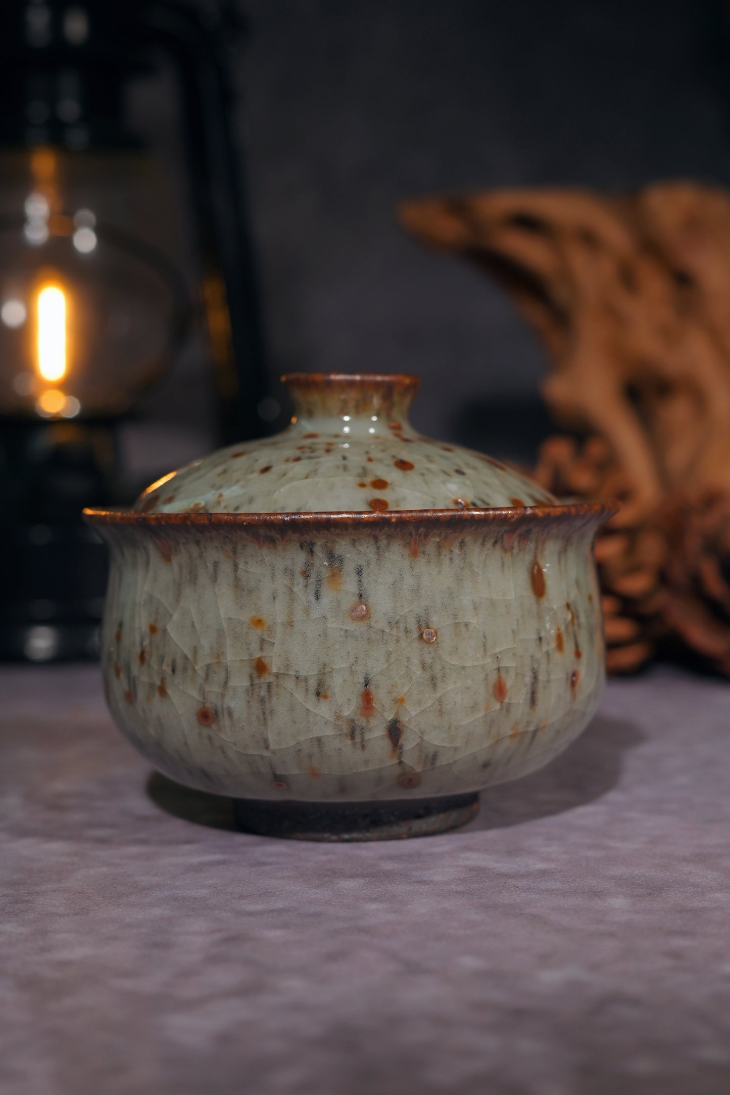 Hand-thrown Shino-ware teaware set: singular edition Gaiwan and master tasting cup.
