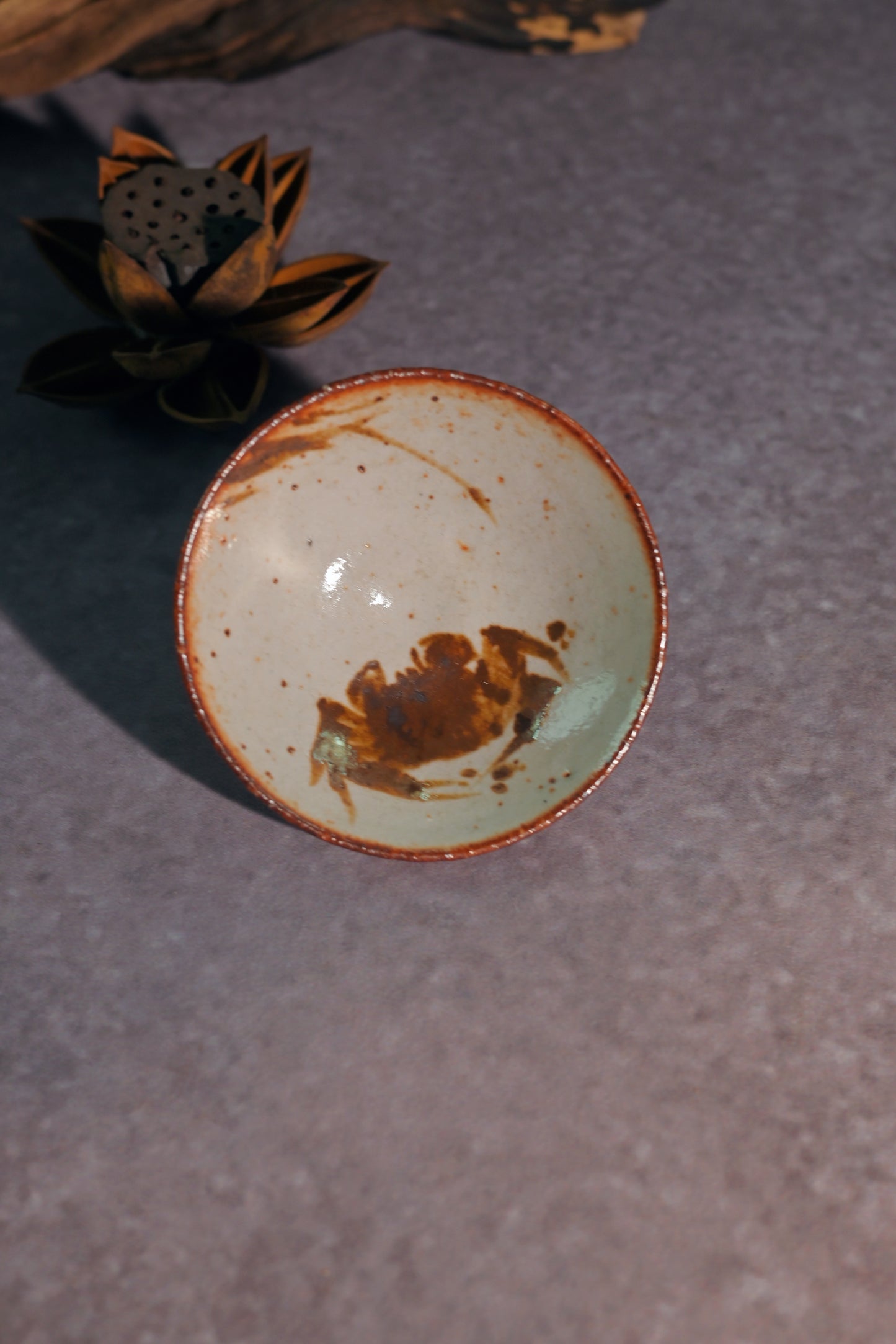 Unique Piece Wood-Fired Saggar Clay "Fortune Crab" Teacup 50ml