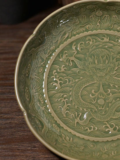 Celadon Yaozhou Olive-Green Glaze Embossment Teapot Plate