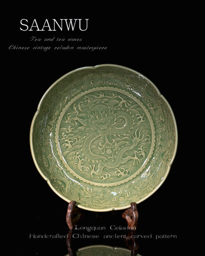 Celadon Yaozhou Olive-Green Glaze Embossment Teapot Plate