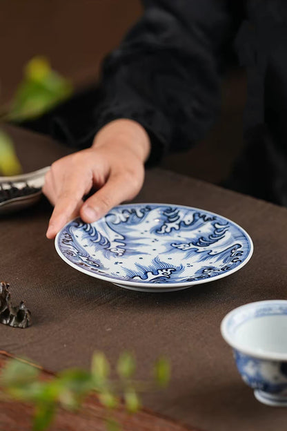 Jingdezhen Hand-Painted Ming-Style Blue-and-White Wave Pattern Gaiwan 140ml