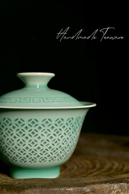 Longquan Celadon Handcrafted Linglong Pierced Gaiwan 130ml