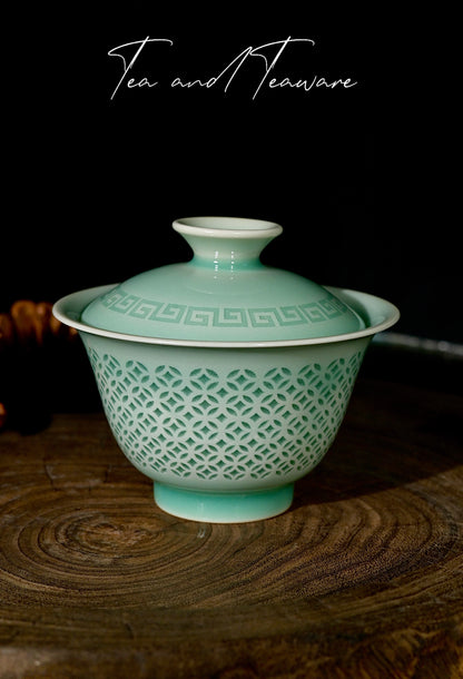 Longquan Celadon Handcrafted Linglong Pierced Gaiwan 130ml