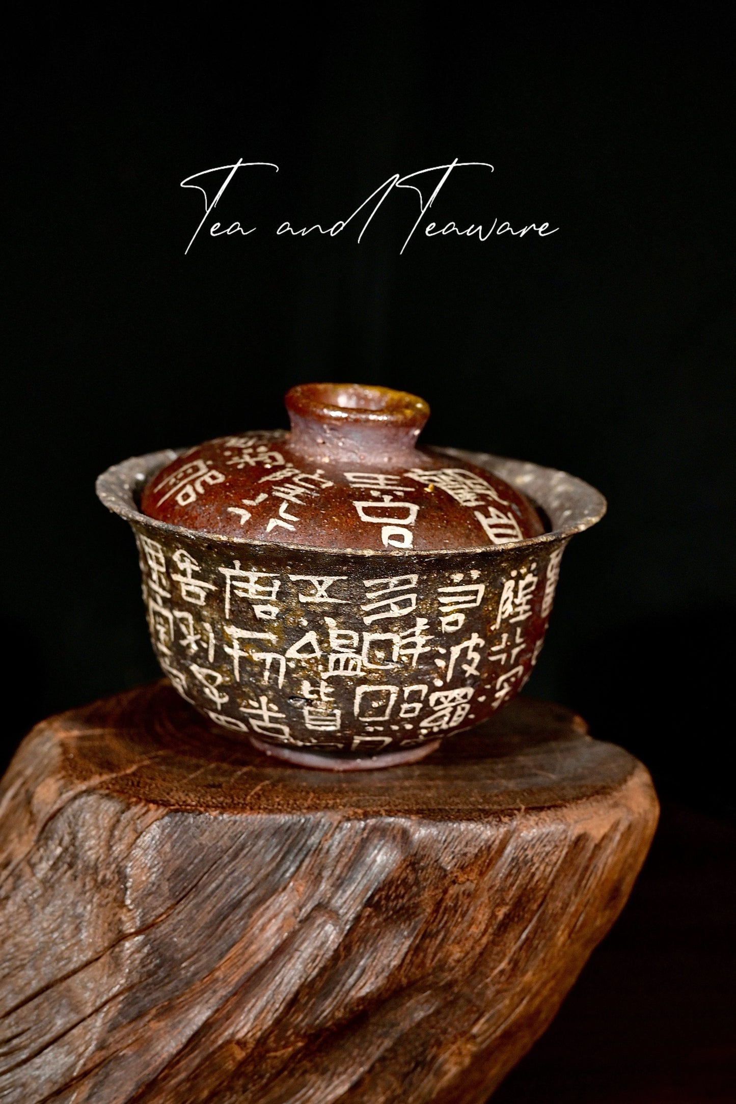 Unique Piece Wood-Fired Coarse Pottery "Ancient Sutra" Calligraphy Gaiwan 130ml