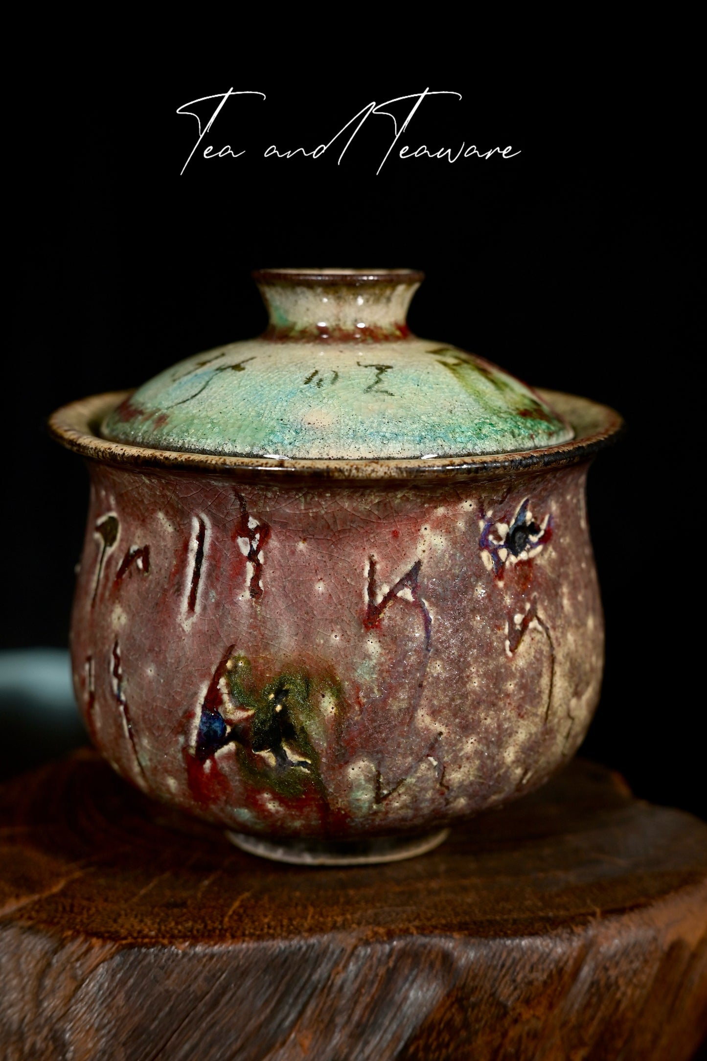 Unique Piece Handmade Soda-Fired "Calligraphy & Flame" Gaiwan 130ml