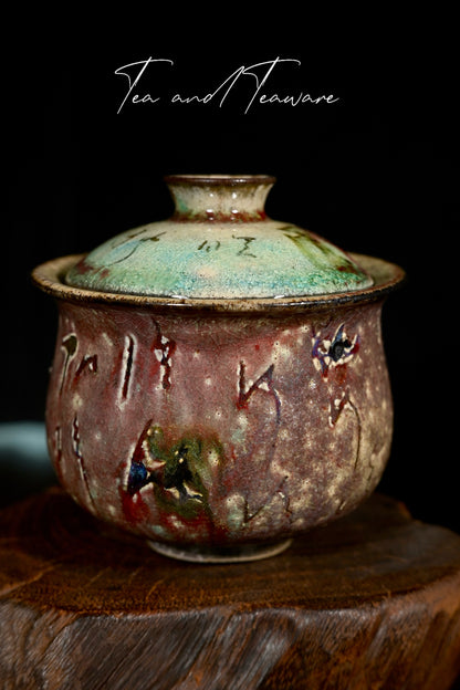 Unique Piece Handmade Soda-Fired "Calligraphy & Flame" Gaiwan 130ml