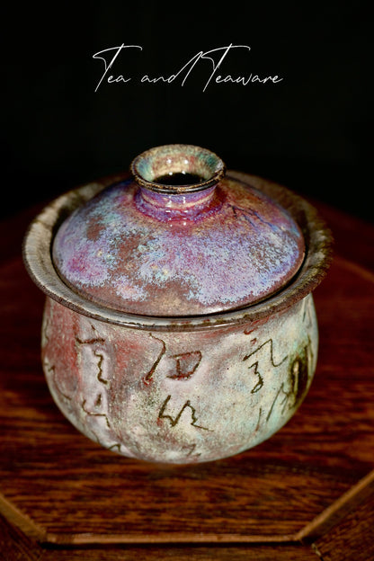Unique Piece Handmade Soda-Fired "Calligraphy & Flame" Gaiwan 130ml
