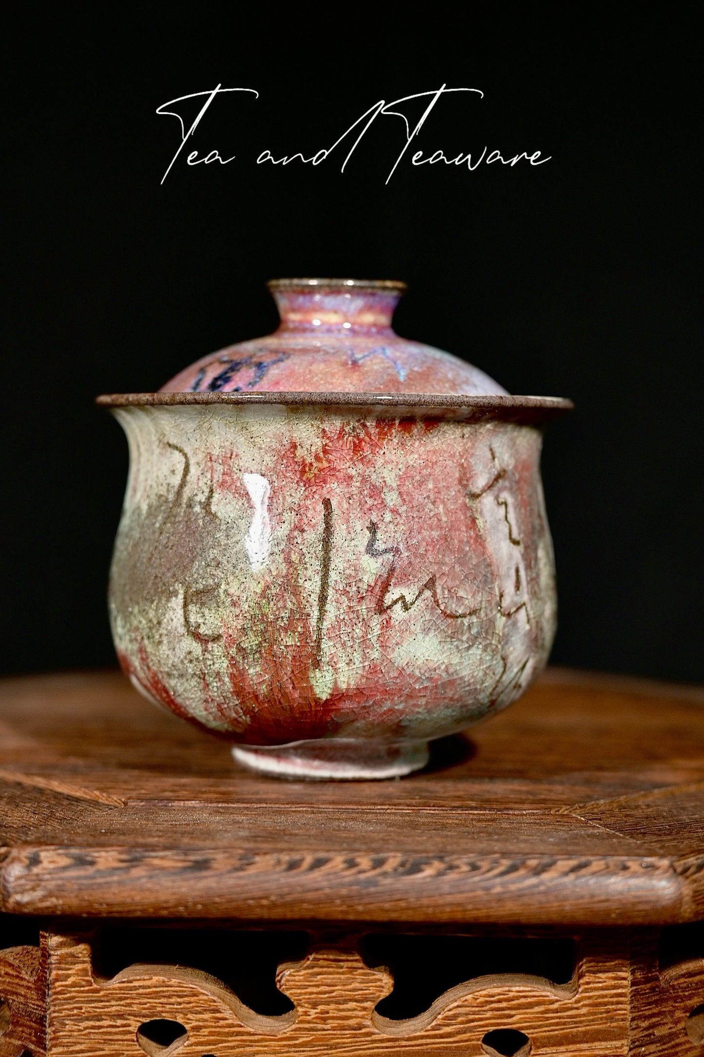 Unique Piece Handmade Soda-Fired "Calligraphy & Flame" Gaiwan 130ml