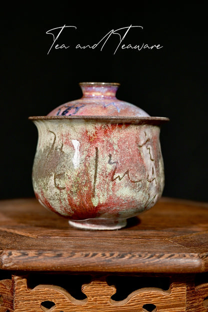 Unique Piece Handmade Soda-Fired "Calligraphy & Flame" Gaiwan 130ml
