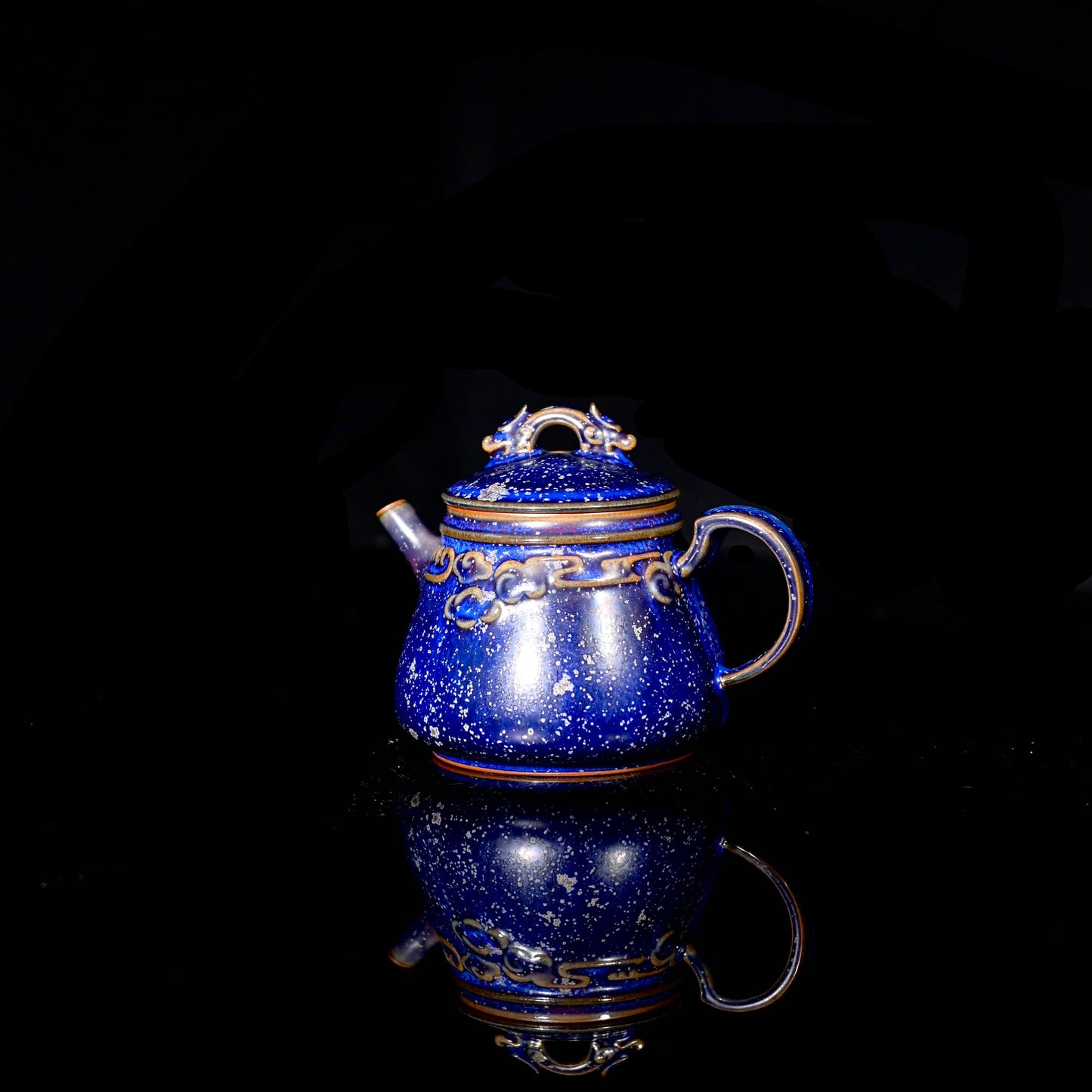 Jun Ware Blue Glaze Handcrafted Teapot with Sculpted Dragon Lid & Relief Motif 175ml